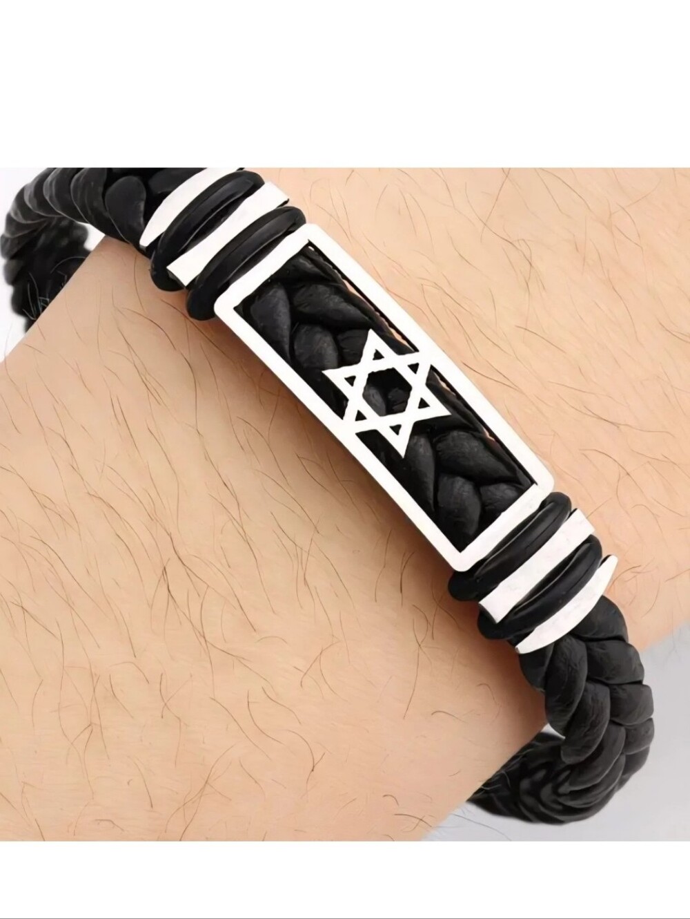 BRAIDED LEATHER  STAR OF DAVID  SHIELD OF FAITH QUALITY  SILVER JUDAIC BRACELET